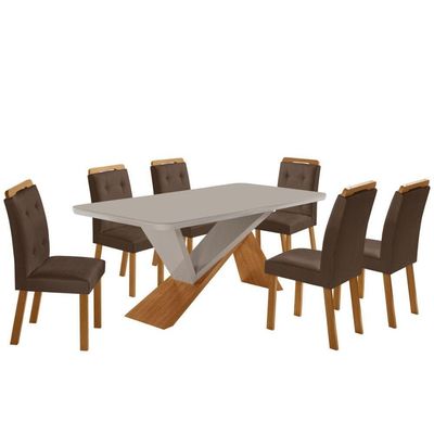 Mesa De Jantar Yasmin 180cm Tampo Com Vidro 6 Cadeiras Carol Veludo Marrom/nat/off/serig. Off
