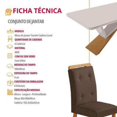 Mesa De Jantar Yasmin 180cm Tampo Com Vidro 6 Cadeiras Carol Veludo Marrom/nat/off/serig. Off
