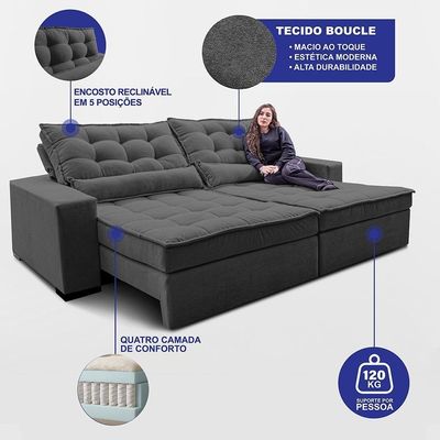 Sofá Retrátil E Reclinável 2,12m Molas Ensacadas Belle. Boucle Cama Inbox Cinza Escuro