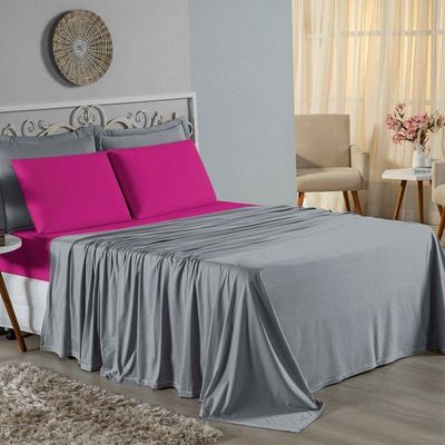 Jogo De Cama Casal Viúva Nobre 4 Peças Malha 100% Algodão - Cinza / Pink