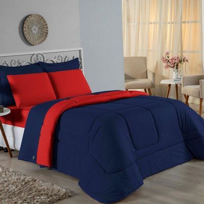 Edredom Casal Nobre 1 Peça Dupla Face 2,00m X 2,20m Malha 100% Algodão - Azul-marinho / Vermelho