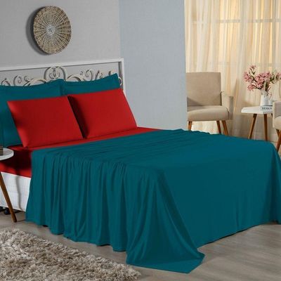 Jogo De Cama Solteiro Nobre 3 Peças Lençol Com Elástico De 30cm De Altura Malha 100% Algodão - Petróleo / Vermelho