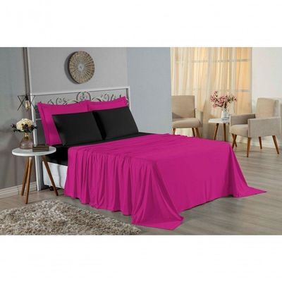 Jogo De Cama Solteiro Nobre 3 Peças Lençol Com Elástico De 30cm De Altura Malha 100% Algodão - Pink / Preto