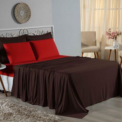Jogo De Cama Solteiro Nobre 3 Peças Lençol Com Elástico De 30cm De Altura Malha 100% Algodão - Marrom / Vermelho