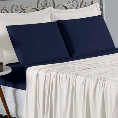 Jogo De Cama Solteiro Nobre 3 Peças Lençol Com Elástico De 30cm De Altura Malha 100% Algodão - Palha / Azul-marinho