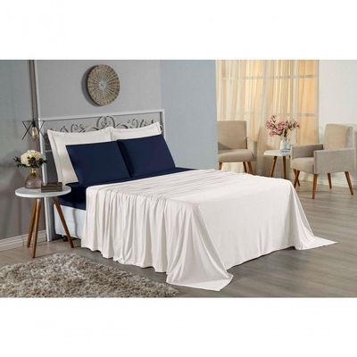 Jogo De Cama Solteiro Nobre 3 Peças Lençol Com Elástico De 30cm De Altura Malha 100% Algodão - Palha / Azul-marinho