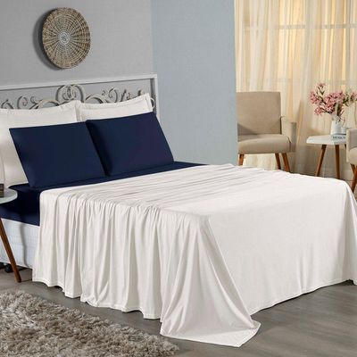 Jogo De Cama Solteiro Nobre 3 Peças Lençol Com Elástico De 30cm De Altura Malha 100% Algodão - Palha / Azul-marinho