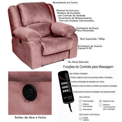 Poltrona do Papai Reclinável Elétrica com Massagem Magnum Veludo Rosê - Gran Belo