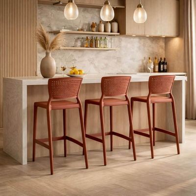 Jogo 4 Banquetas Plásticas Tramontina Summa Safira Cadeiras Altas com Encosto Terracota Bancada Bar