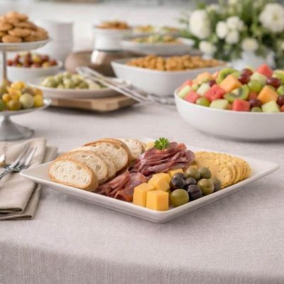 Jogo 6 Pratos Plásticos Quadrados 22,5cm Bege Ou Restaurante Buffet Sobremesas Saladas