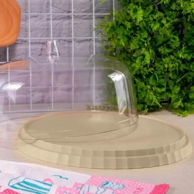Boleira com Tampa 30cm Ou Break Porta Bolo Pudim Plástico Bege Tampa Transparente Sem Pé