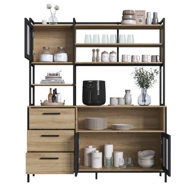 Armário de Cozinha Compacto com Pé Balcão Oak Preto Industrial Placa e Ponto