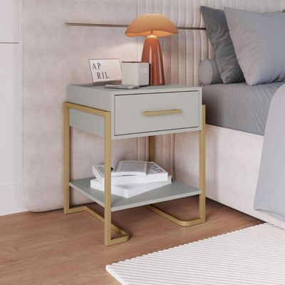 Mesa de Cabeceira Quarto com 1 Gaveta Criado Mudo Industrial 49cm Arenas Champanhe Placa e Ponto