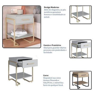 Mesa de Cabeceira Quarto com 1 Gaveta Criado Mudo Industrial 49cm Arenas Champanhe Placa e Ponto