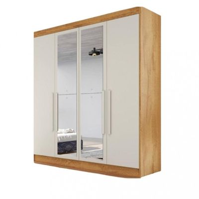 Guarda Roupa Solteiro Com Espelho 4 Portas 3 Gavetas - Nantes-peroba/off White - Móveis Europa