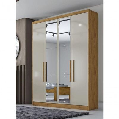 Guarda Roupa Solteiro Com Espelho 4 Portas 3 Gavetas - Moderni -cumaru/fendi - Móveis Horizonte