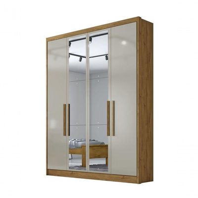 Guarda Roupa Solteiro Com Espelho 4 Portas 3 Gavetas - Moderni -cumaru/fendi - Móveis Horizonte