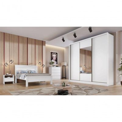 Guarda Roupa Casal Com Espelho 3 Portas 8 Gavetas - Medelim-branco - Móveis Horizonte
