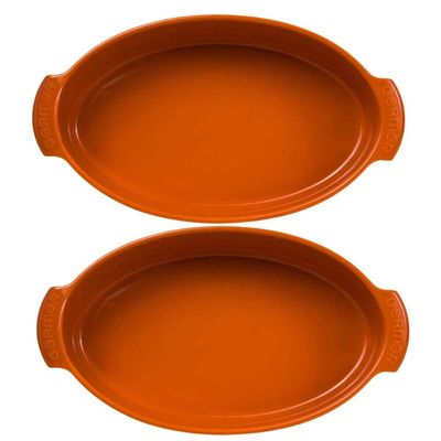 Kit 2 Travessas Assadeiras Oval Grande Laranja Porcelana Refratária 2,9L Assar e Servir Germer