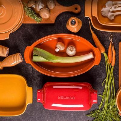 Kit 2 Travessas Assadeiras Oval Grande Laranja Porcelana Refratária 2,9L Assar e Servir Germer