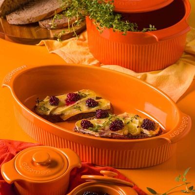 Kit 2 Travessas Assadeiras Oval Grande Laranja Porcelana Refratária 2,9L Assar e Servir Germer