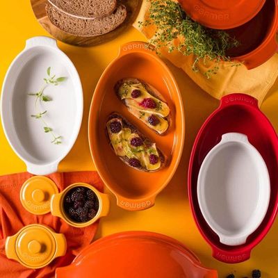 Kit 2 Travessas Assadeiras Oval Grande Laranja Porcelana Refratária 2,9L Assar e Servir Germer