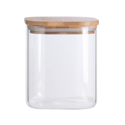 Pote Quadrado Vidro 800ml Oikos Borea Tampa Bambu Hermética 10x10x10,5cm Porta Mantimentos