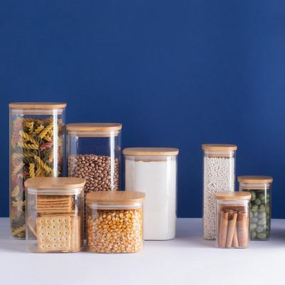 Pote Quadrado Vidro 800ml Oikos Borea Tampa Bambu Hermética 10x10x10,5cm Porta Mantimentos