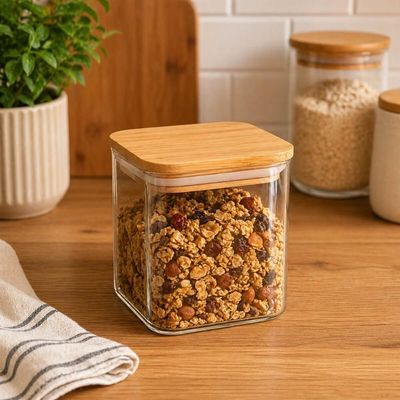 Pote Quadrado Vidro 800ml Oikos Borea Tampa Bambu Hermética 10x10x10,5cm Porta Mantimentos
