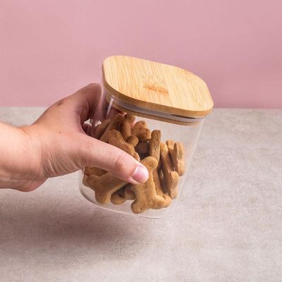 Pote Quadrado Vidro 800ml Oikos Borea Tampa Bambu Hermética 10x10x10,5cm Porta Mantimentos