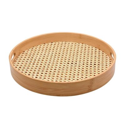 Bandeja Redonda de Bambu e Textura Palhinha Indiana Oikos 35cm Multiuso com Alças