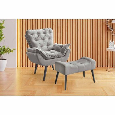 Kit Poltrona Luxo Com Puff Azul Veludo Fibra Siliconada De Casa Decor Estofados