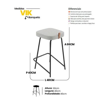 Kit 02 Banquetas Médias Para Cozinha Vik Estofada Linho Cinza - Desk Design