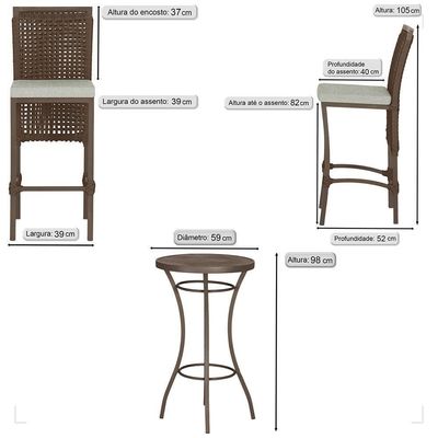 Mesa Bistrô 4 Banquetas Roma Marrom Corda Náutica 3 Trama Marrom