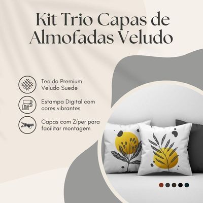 Kit Trio Capas De Almofadas Estampadas Folhas Em Veludo Suede 45cm X 45cm - Decoração Luxo Para Sala Cor Chumbo