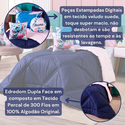 Kit Edredom Stich Azul Marinho/rosa Com Almofadas Solteiro 05 Peças - Dupla Face Percal 300 Fios 100% Algodão Original