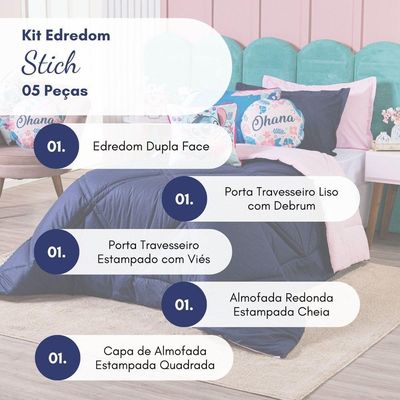 Kit Edredom Stich Azul Marinho/rosa Com Almofadas Solteiro 05 Peças - Dupla Face Percal 300 Fios 100% Algodão Original