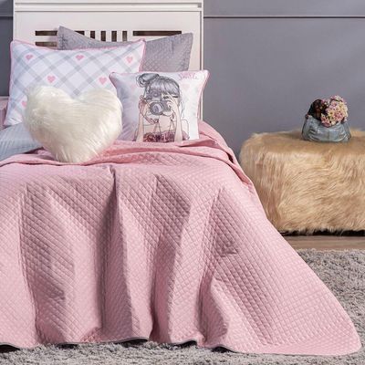 Kit Cobre Leito Colcha Solteiro Influencer Cinza/rosa Dupla Face Com Almofadas 05 Peças