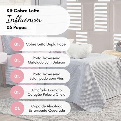 Kit Cobre Leito Colcha Solteiro Influencer Cinza/rosa Dupla Face Com Almofadas 05 Peças