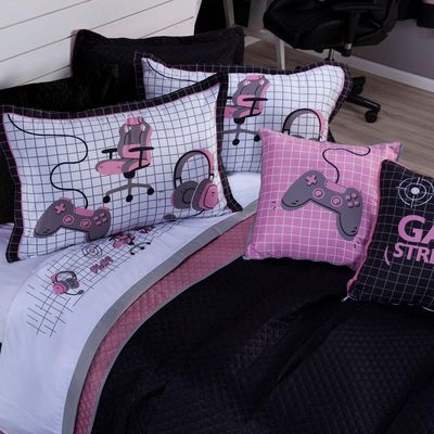 Kit Cobre Leito Colcha Casal Padrão Game Streamer Rosê Dupla Face Com Almofadas Estampadas 07 Peças