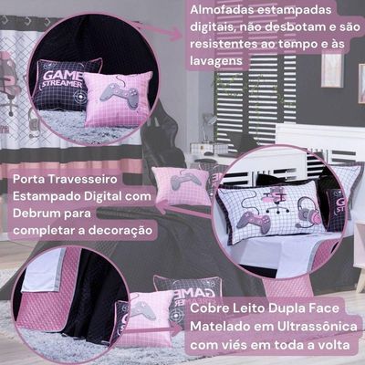 Kit Cobre Leito Colcha Casal Padrão Game Streamer Rosê Dupla Face Com Almofadas Estampadas 07 Peças