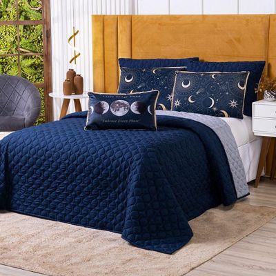 Kit Cobre Leito Colcha Queen Astros Azul Marinho Com Almofada Estampada 06 Peças - Dupla Face Percal 300 Fios