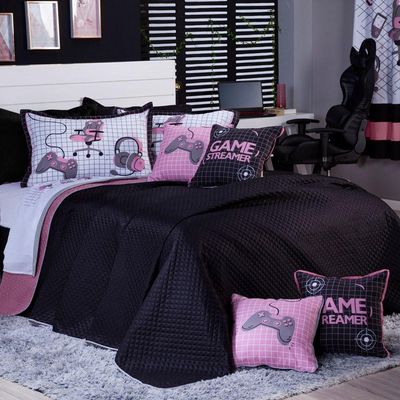 Kit Cobre Leito Colcha Casal Padrão Game Streamer Rosê Dupla Face Com Almofadas Estampadas 07 Peças