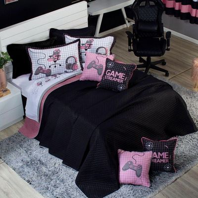 Kit Cobre Leito Colcha Casal Padrão Game Streamer Rosê Dupla Face Com Almofadas Estampadas 07 Peças