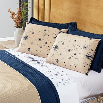 Jogo De Cama Lençol Casal Padrão Constelações Branco 04 Peças - Percal 200 Fios Decoração Universo Astrologia Signos