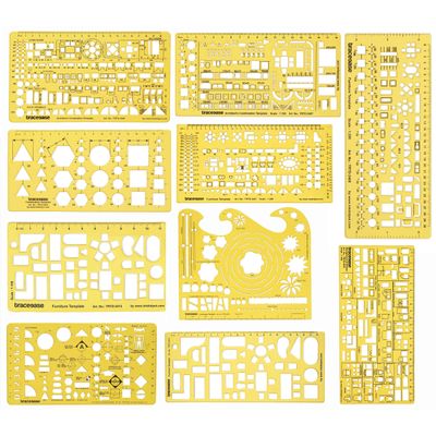 Kit 10 Gabaritos Arquitetônicos, Tamanhos/Formas - Layout para Interiores, Gabarito e Guia para Planta/Obra - Traceease Amarelo