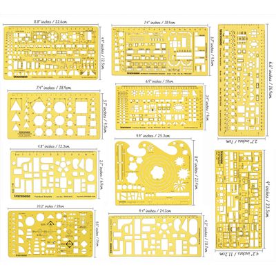 Kit 10 Gabaritos Arquitetônicos, Tamanhos/Formas - Layout para Interiores, Gabarito e Guia para Planta/Obra - Traceease Amarelo