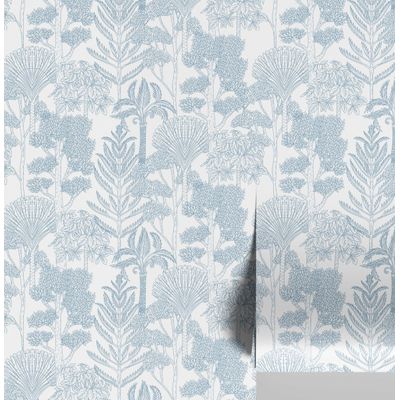 Papel de Parede Autoadesivo Azul, Árvores Tropicais Desenho à Mão, Vinílico Impermeável, para Inquilinos, Quarto e Sala de Jantar - S4Sassy 63,5 cm (L) × 914,4 cm (C) / Azul - Vinil Texturizado