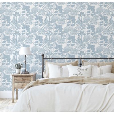 Papel de Parede Autoadesivo Azul, Árvores Tropicais Desenho à Mão, Vinílico Impermeável, para Inquilinos, Quarto e Sala de Jantar - S4Sassy 63,5 cm (L) × 914,4 cm (C) / Azul - Vinil Texturizado