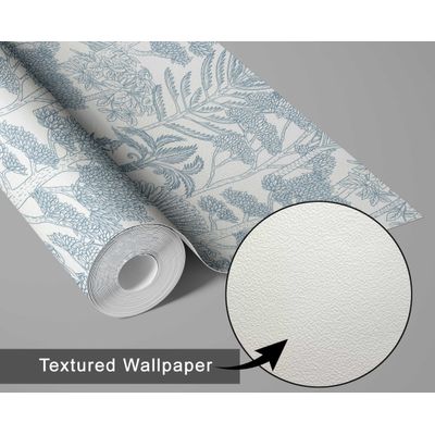 Papel de Parede Autoadesivo Azul, Árvores Tropicais Desenho à Mão, Vinílico Impermeável, para Inquilinos, Quarto e Sala de Jantar - S4Sassy 63,5 cm (L) × 914,4 cm (C) / Azul - Vinil Texturizado